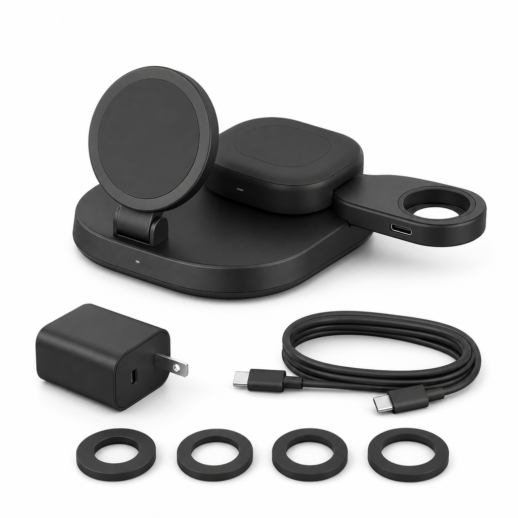 25W 3-in-1 Qi2 Magnetic Charger with 45W Adapter for Samsung, Pixel, iPhone and Smartwatches