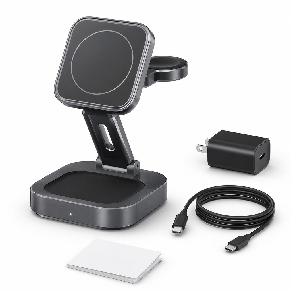 3-in-1 Foldable Magnetic Wireless Charger with 20W Adapter for iPhone, Apple Watch and AirPods