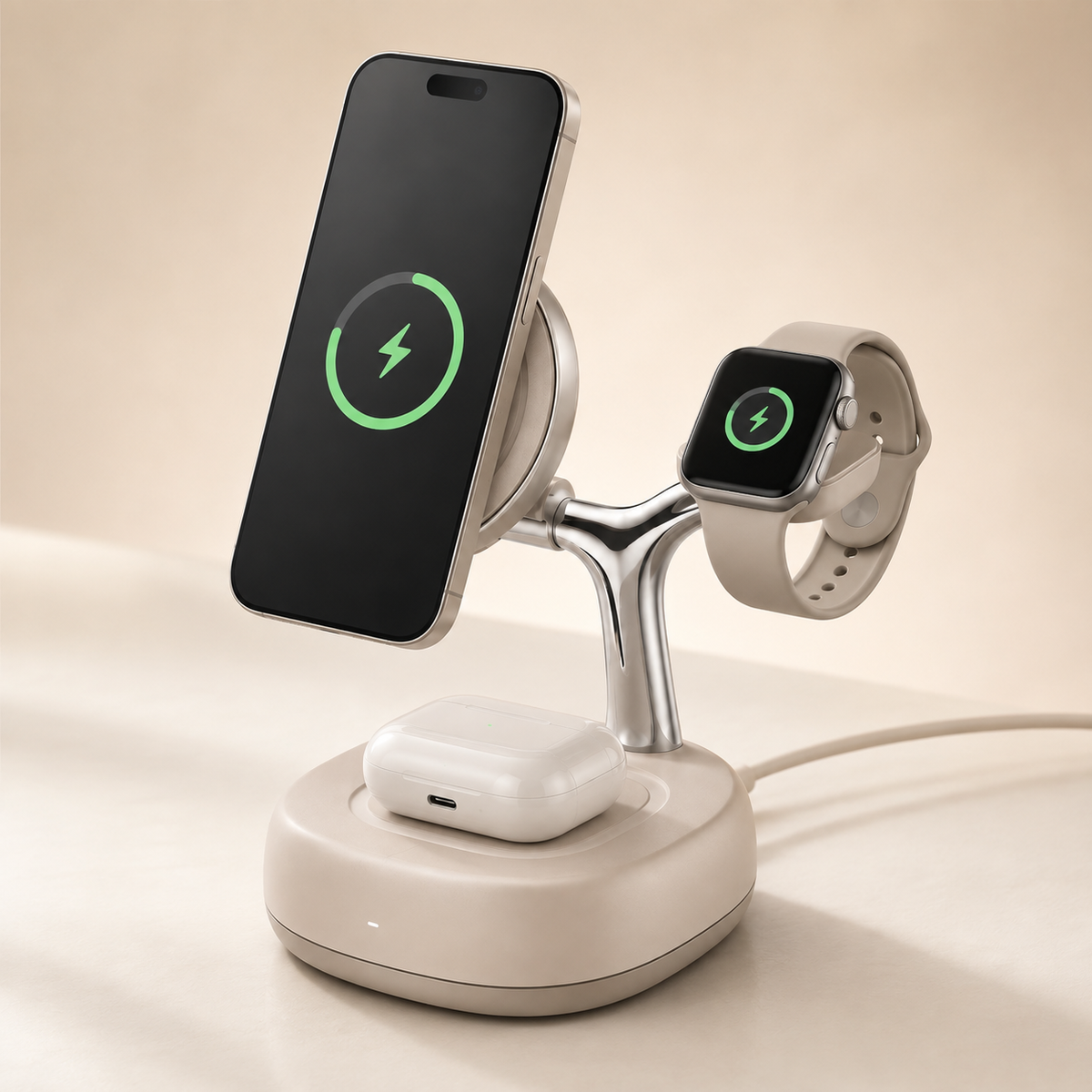 Qi2.2 25W 3 in 1 Magnetic Wireless Charging Station with 45W Adapter Sand