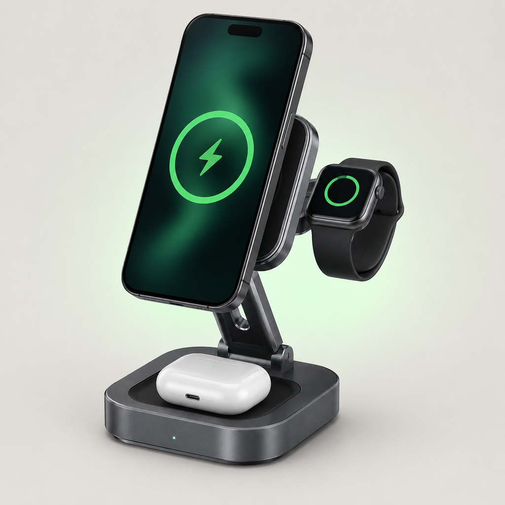 3-in-1 Foldable Magnetic Wireless Charger with 20W Adapter for iPhone, Apple Watch and AirPods